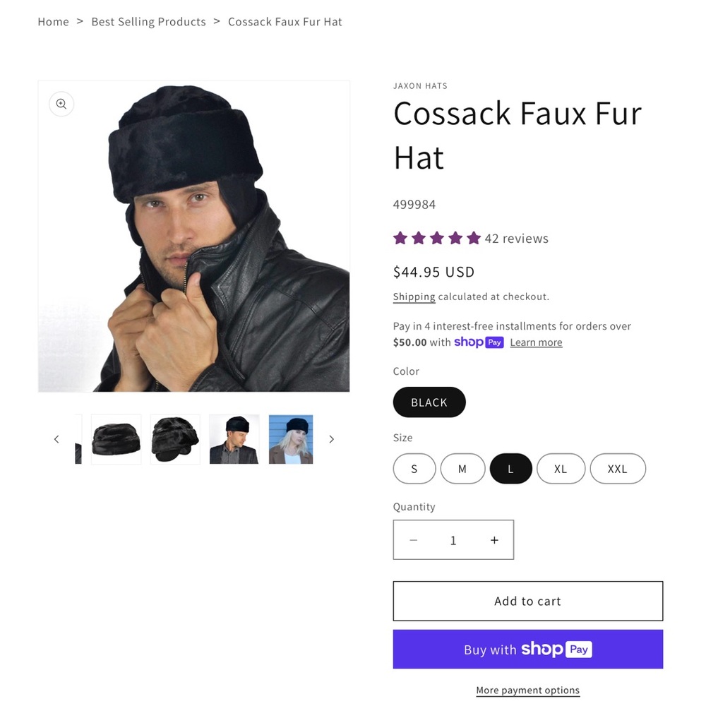 Jason black faux fur winter hat.